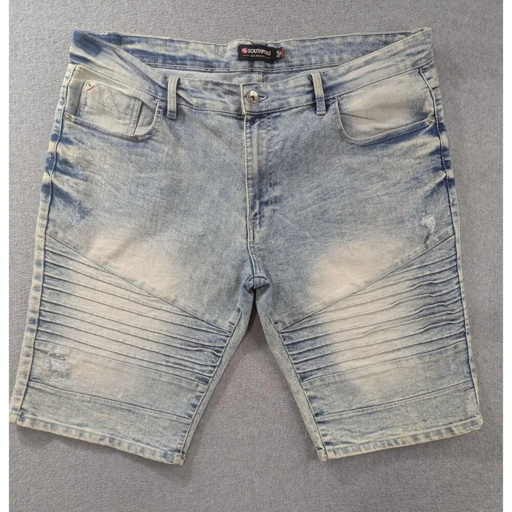 Southpole Denim Biker Shorts Mens 38 Blue Light Wash Slim Fit Moto Distressed
